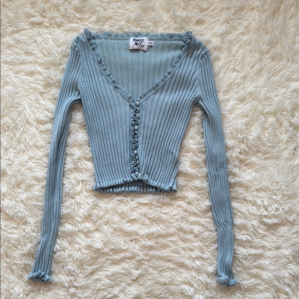 Princess Polly Blue Ribbed Long Sleeve Crop Top
